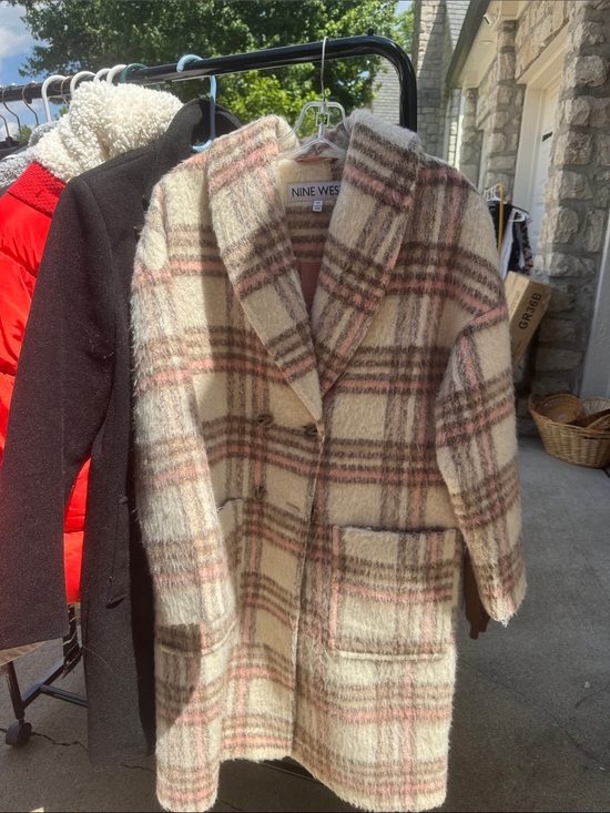 Nine West Jackets & Blazers - Nine West Cream Plaid Wool-Blend Pea Coat with Pink Accents